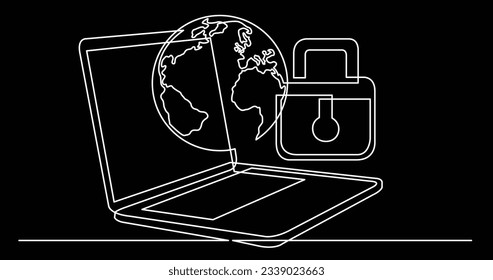 dibujo de una línea de computadora portátil con globo terrestre y bloqueo como concepto de negocio de seguridad global del sistema