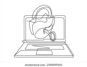 one line drawing of laptop computer with lock and key as business concept of cyber security	
