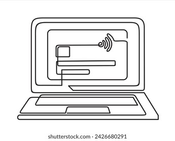 one line drawing of laptop computer with credit cards as business concept of online shopping - PNG image with transparent background