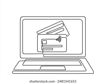 one line drawing of laptop computer with credit cards as business concept of online shopping