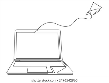 one line drawing of laptop computer with paper plane as business concept of startup