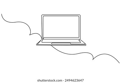 One line drawing of laptop gadget, continuous single line drawing of laptop computer, line art vector illustration, Simple abstract laptop line art drawing