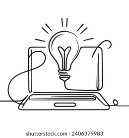one line drawing of laptop with light bulb symbol idea. vector illustration, laptop with one line light bulb