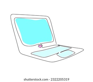 One line drawing of a laptop with an open screen on a white background