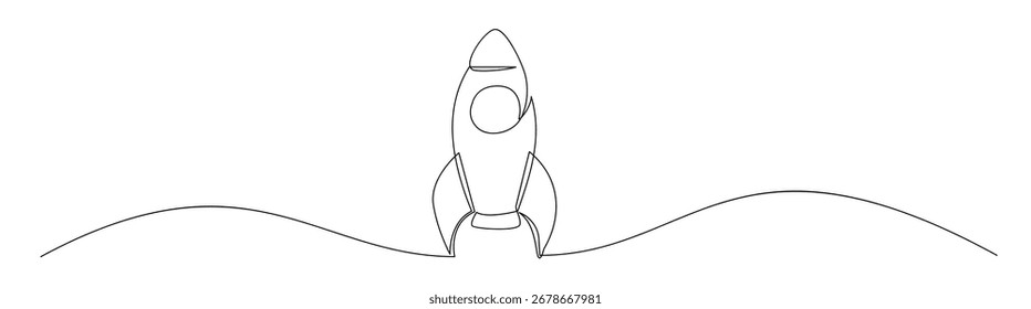 Um desenho de uma linha de um foguete de lançamento, simbolizando start-ups, projetos, sonhos, novos negócios. Use para pôsteres, apresentações, sites e mídias sociais.