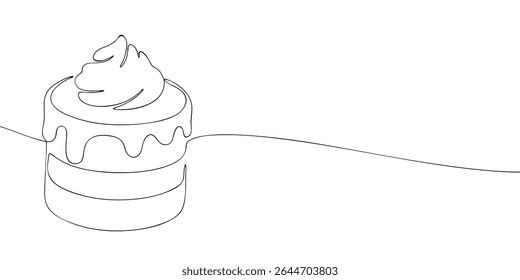 One line drawing of a layered cake with whipped cream on top, designed in a clean minimal style with simple elegant curves.
