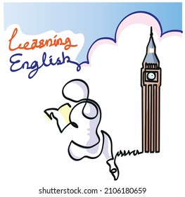 Eine Linie Zeichnung des Englischen Konzepts.
Eine durchgängige Zeichnung der jungen Frau, die englische Sprache und Bildungskonzept lernt.
