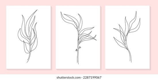 Dibujo de una línea de hojas, ramas, flores. Se establece un plano continuo de las hojas de eucalipto. Afiche floral de una sola línea. Dibujo de contorno de plantas. Rama de arte de línea abstracta en estilo lineal moderno