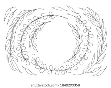 Eine Linie Zeichnung hinterlässt einen runden Rahmen. Baum Twigs minimale dünne Linie Grenze. Leaf-Kranz im Sketch-Kunststil, kontinuierliche Rahmenzeichnung Pflanze Silhouette-Vektorgrafik