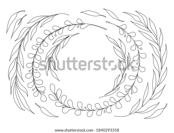One Line Drawing\
Leaves Round Frame. Tree Twigs Minimal Thin Line Border. Leaf\
Wreath in Sketch Art Style, Continuous Outline Draw Plant\
Silhouette Vector\
Illustration