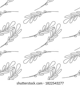 One line drawing leaves seamless pattern. Sketch art style texture endless background, single outline leaf vector tile for fabric, wrapping endless design