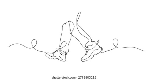 One line drawing of legs wearing outdoor hiking shoes. Continuous line of walking movement on adventure trail. Hiking and outdoor exploration concept. single line art vector illustration.