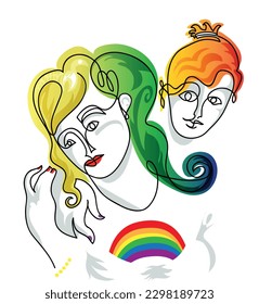 One line drawing of  LGBT lesbian family.
One continuous line drawing of lesbian couple.
