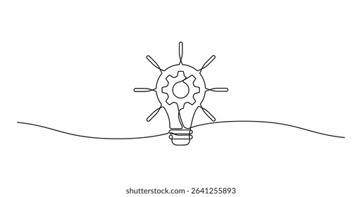 One line drawing of a light bulb with a gear mechanism inside. Symbol of innovation, engineering and creative thinking