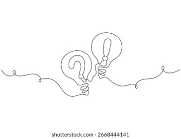 Dibujo de una línea de bombilla con signos de interrogación y exclamación. Mínima Ilustración vectorial de arte de línea continua. Idea creativa y concepto de resolución de problemas.
