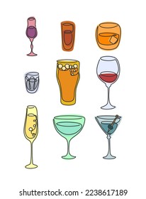 One line drawing liquor rum whiskey vodka beer red wine champagne vermouth martini glass in set. Cartoon graphic sketch. Continuous line way. Hand drawn party drinks concept. Freehand drawing. Vector.