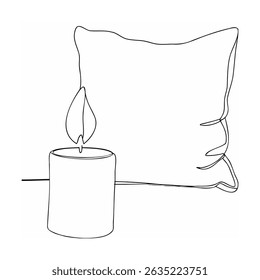 One line drawing of a lit candle and cozy pillow against white background