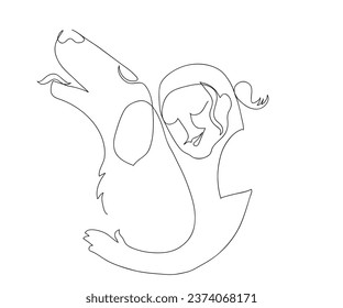 One line drawing of little girl hugging her dog.
One continuous line drawing of golden labrador retriever, pet.