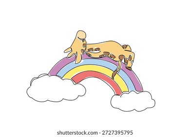 Un dibujo de línea de jirafa adorable de cuello largo acostado sobre su espalda, supino cómodamente en un arco iris que se sienta entre dos nubes suaves. Naturaleza concepto savannah tema, ideal para los niños libro arte