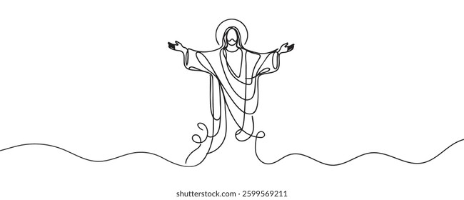 One line drawing of Lord Jesus with outstretched arms. One line vector illustration