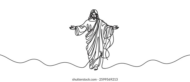 One line drawing of Lord Jesus with outstretched arms. One line vector illustration
