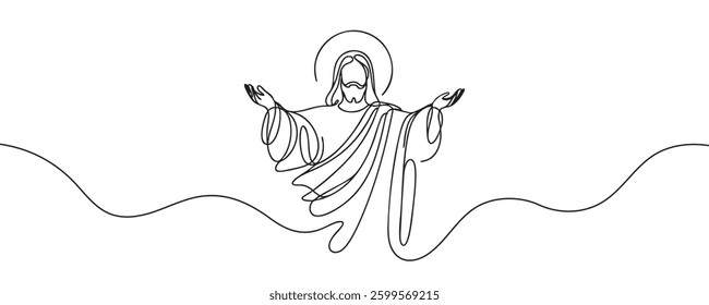 One line drawing of Lord Jesus with outstretched arms. One line vector illustration