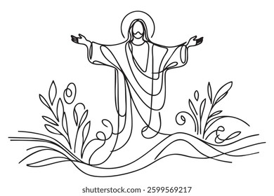 One line drawing of Lord Jesus with outstretched arms. One line vector illustration