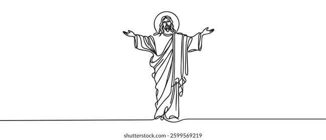 One line drawing of Lord Jesus with outstretched arms. One line vector illustration