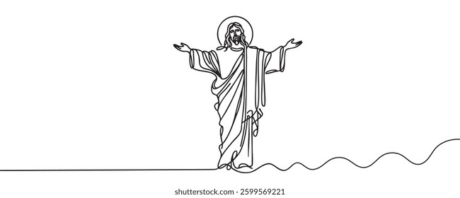 One line drawing of Lord Jesus with outstretched arms. One line vector illustration