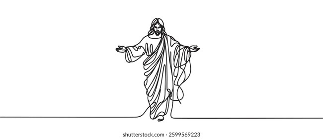 One line drawing of Lord Jesus with outstretched arms. One line vector illustration