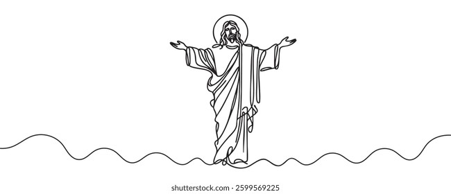 One line drawing of Lord Jesus with outstretched arms. One line vector illustration