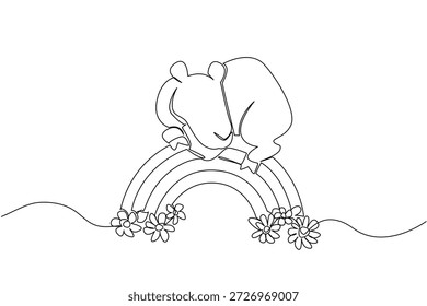 Dibujo de una línea de camello adorable descansando suavemente cómodamente sobre un arco iris entre dos nubes sobre margaritas para el tema del concepto de naturaleza. Encantador para niños decoración de arte de pared