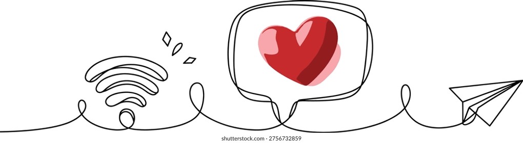 One line drawing love communication concept with heart message, wifi signal, paper plane, minimal continuous line art vector illustration