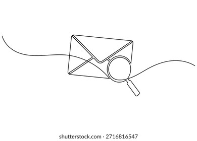 Einzeiliges Zeichnen eines Mail-Umschlags mit einem Vergrößerungsglas für das Such- oder Auditkonzept