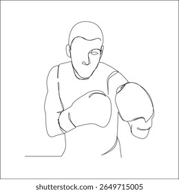 One line drawing of a male boxer in a front-facing guard pose, wearing boxing gloves, in a minimal and continuous line art style on white background