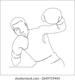 One line drawing of a male boxer dodging and counterpunching, wearing boxing gloves, shown in an expressive and dynamic pose on white background.