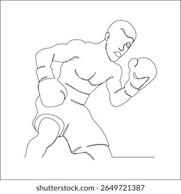 Desenho de uma linha de um boxeador masculino em uma postura de luta agachada, usando luvas e calções, retratado em um estilo de arte de linha minimalista contínuo sobre fundo branco.