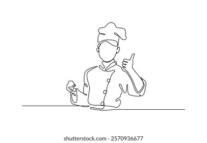 One line drawing male chef restaurant vector illustration template design. Continuous one line drawing of a chef is pouring batter into a pan. Healthy organic food concept single line draw.