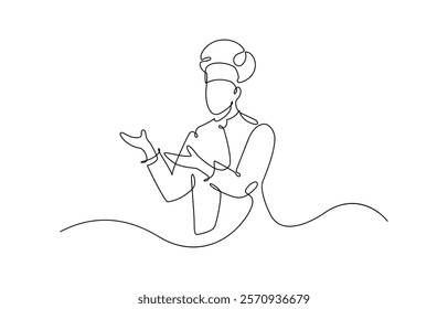 One line drawing male chef restaurant vector illustration template design. Continuous one line drawing of a chef is pouring batter into a pan. Healthy organic food concept single line draw.