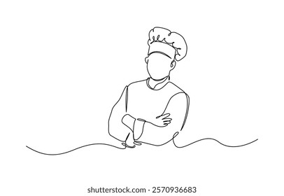 One line drawing male chef restaurant vector illustration template design. Continuous one line drawing of a chef is pouring batter into a pan. Healthy organic food concept single line draw.