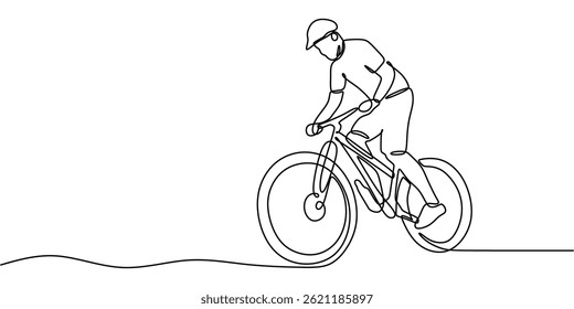 One Line Drawing Male Mountain Biker Riding Outdoors. Adventure Cycling Minimal Vector Illustration.