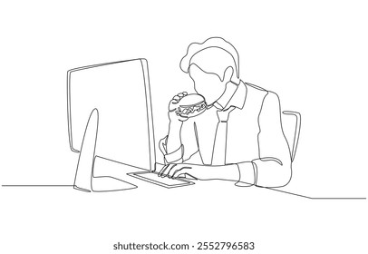 Dibujo de una línea de un trabajador de oficina masculino mirando la pantalla de la PC mientras come hamburguesa, trabajo urgente o concepto de trabajo de oficina ocupado, arte de una sola línea