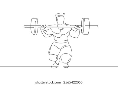 One Line Drawing of Man with Barbell. Male Sport Concept. Man Athlete Trendy Continuous Line Drawing. Bodybuilder Minimalist Design Vector Graphic Illustration. Not AI