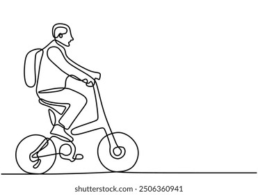 One line drawing of a man biking. Continuous line art illustration of an urban cyclist on white background.