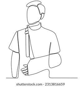 One line drawing of man with broken arm wearing arm splint isolated on white background vector illustration.
