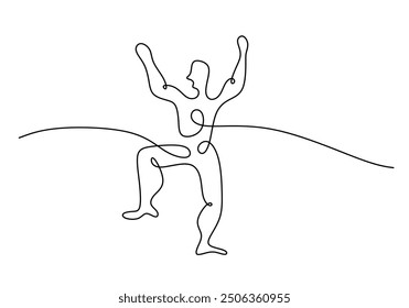 One line drawing of a man in a dynamic breakdancing stance. Continuous line art isolated on white background.