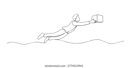 One line drawing of man flying delivering package. Continuous line of dynamic courier action. Delivery service concept. Modern minimalist style. single line art vector illustration.