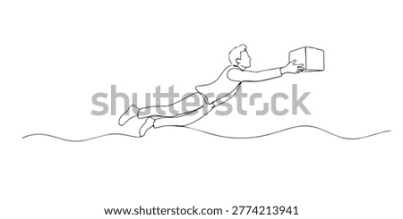 One line drawing of man flying delivering package. Continuous line of dynamic courier action. Delivery service concept. Modern minimalist style. single line art vector illustration.