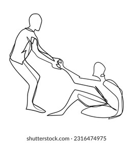 One line drawing of a man giving a helping hand to another man who fell to the ground. the concept of a helping hand ,Vector illustration.