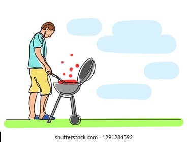 one line drawing of man grilling barbecue